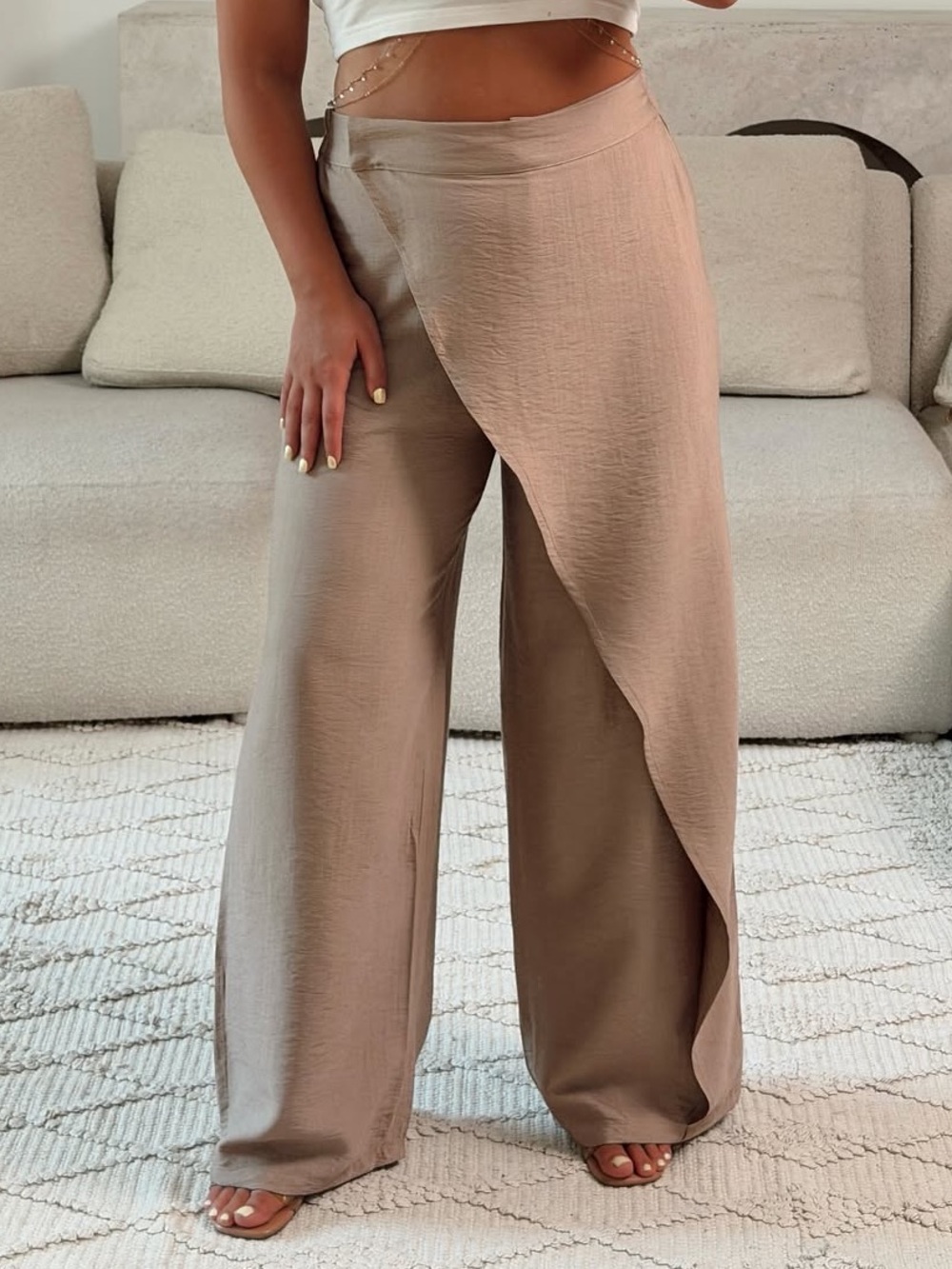Zara Taupe Wide-Leg Wrap Front Pants